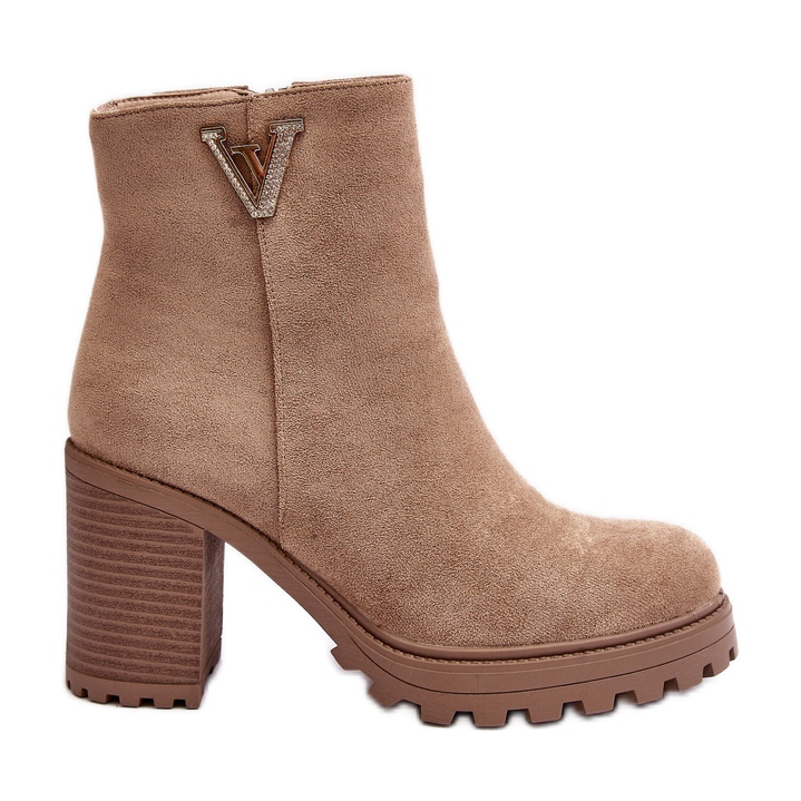 WJ2 Women's Suede High Heel Ankle Boots With Decoration, Beige Strong