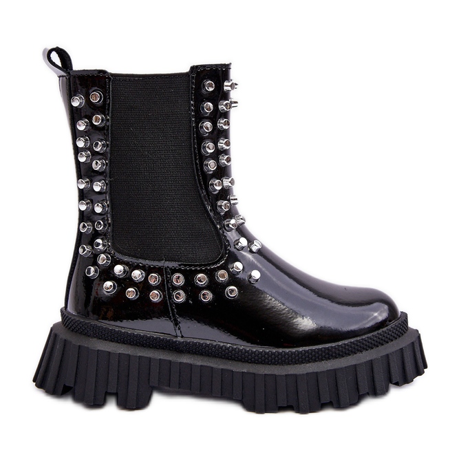 Girls' Patent Chelsea Boots Decorated with Black Adelie Rhinestones