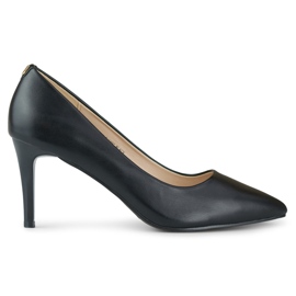 Black classic low women's high heels made of eco-leather