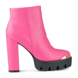 Pink women's high ankle boots with a thick heel