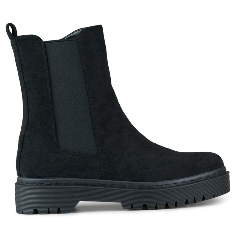 Black suede women's ankle boots with a thick sole