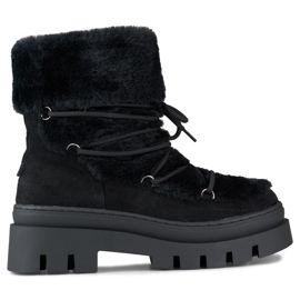 Women's black fur snow boots with decorative lacing