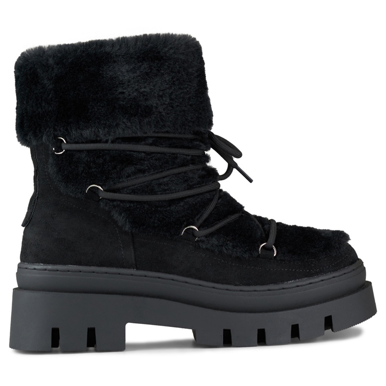 Women's black fur snow boots with decorative lacing