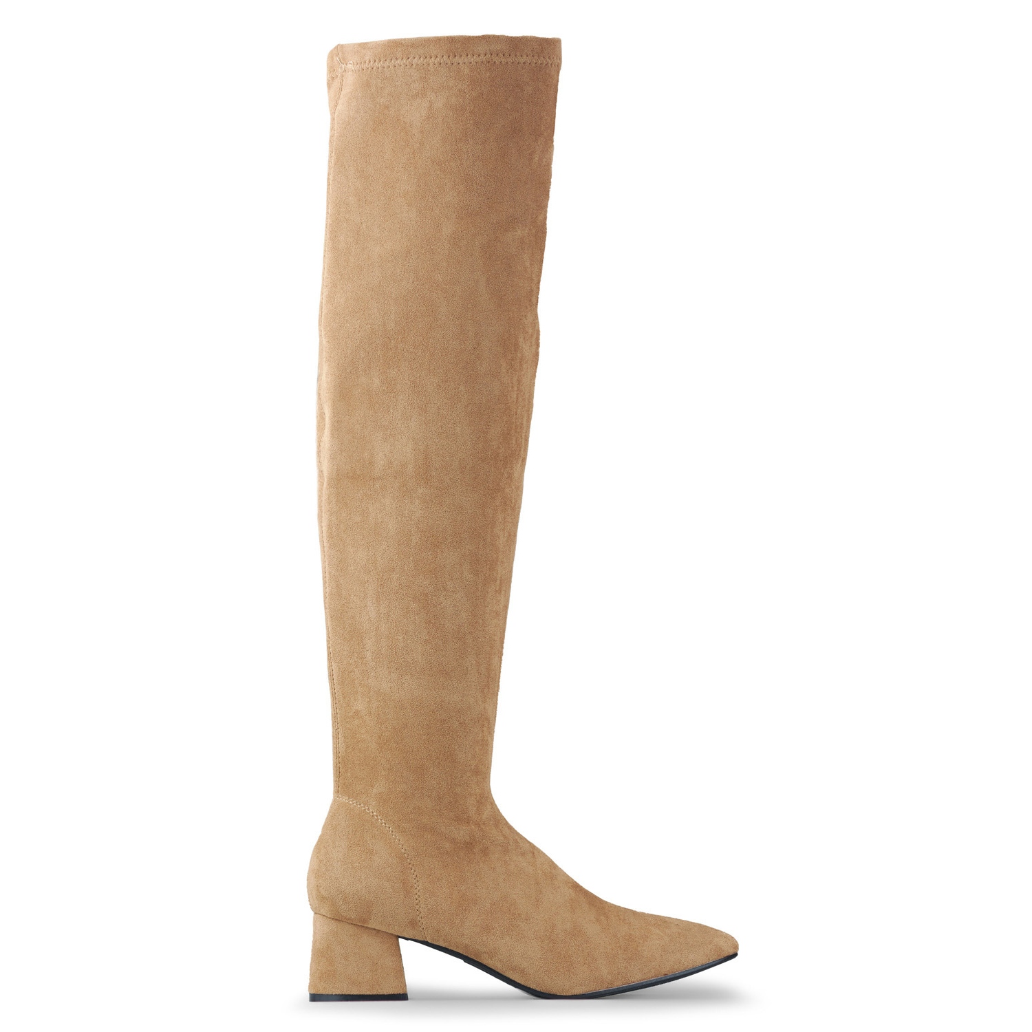 Suede boots above the knee with a low heel brown