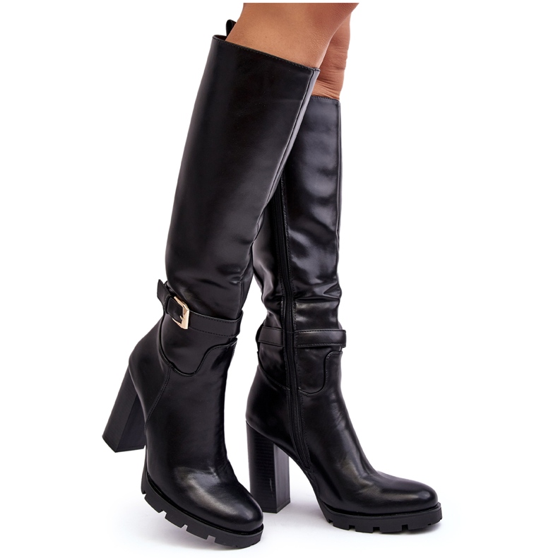 Leather Women's High Heel Boots With Buckle Black Bordda