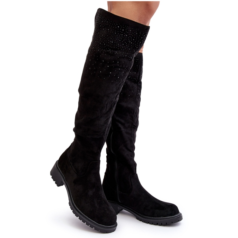 Decorated Women's Over-the-Knee Boots with Flat Heels, Black Cintya
