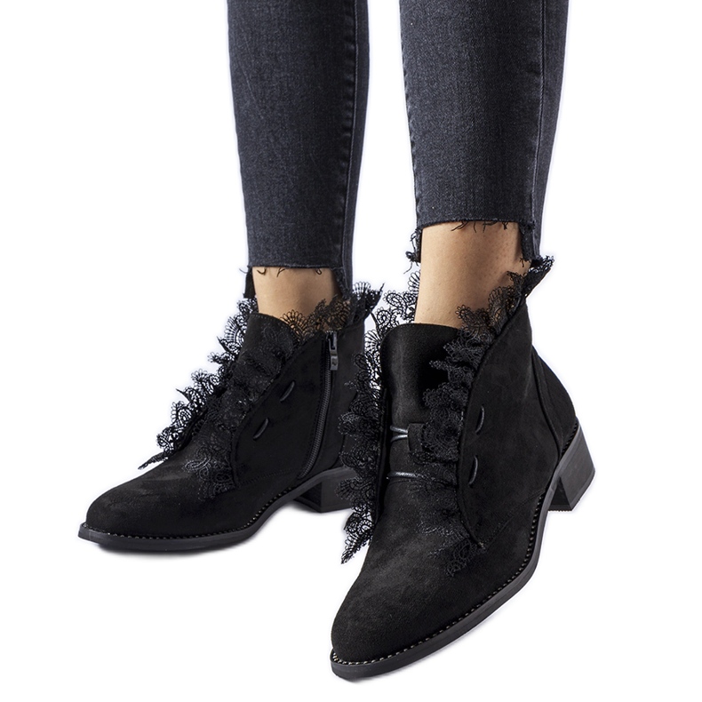 Black ankle boots with rhinestones and lace by Belviglieri