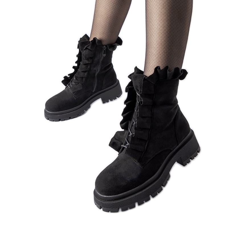 Black ankle boots with ruffles, Sterpito eco-suede