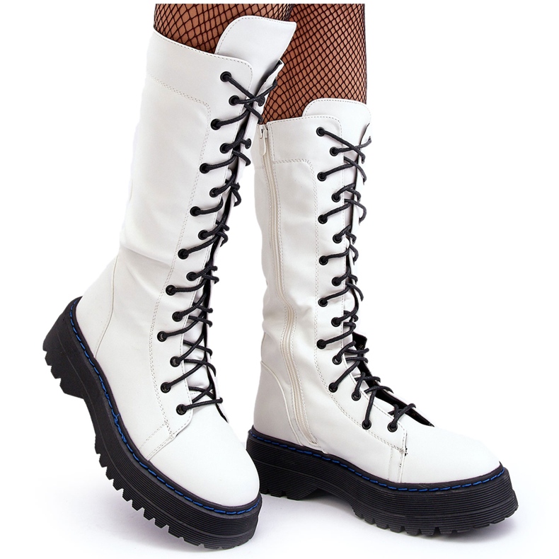 Sweet Shoes Leather Boots with Lace-Up Boots with Zipper, White Zoraida