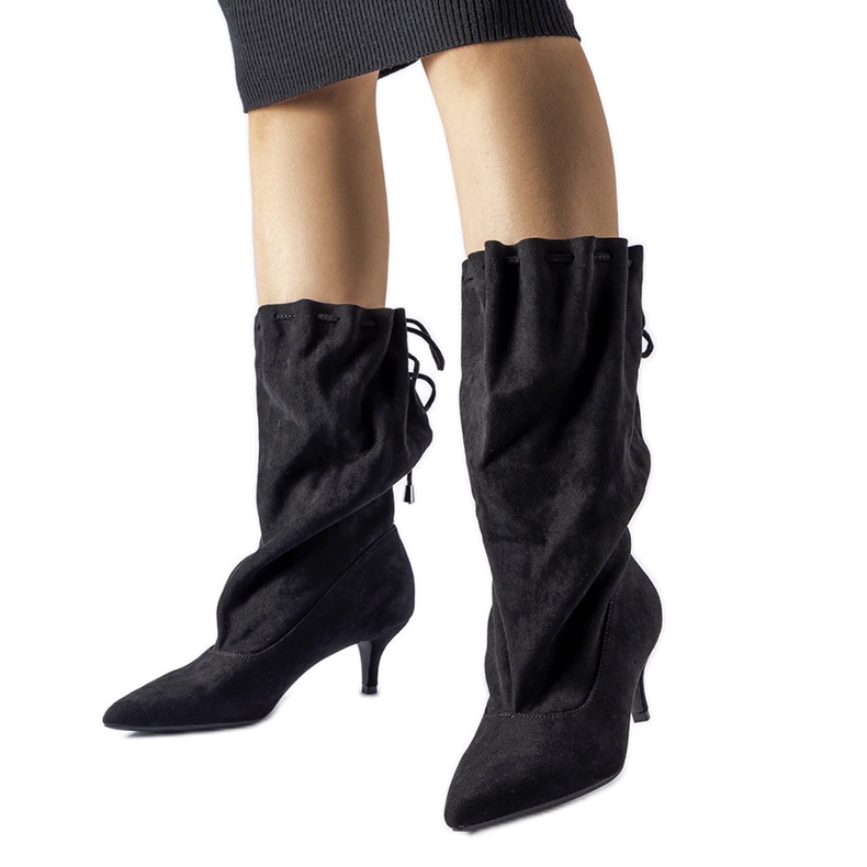 Black suede eco-suede slip-on boots with a high heel Black suede eco-suede slip-on boots with a high heel