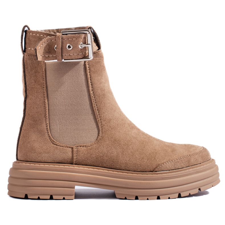 Khaki suede ankle boots with Shelovet buckle beige