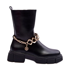 Leather High Boots With Chain Black Pugen