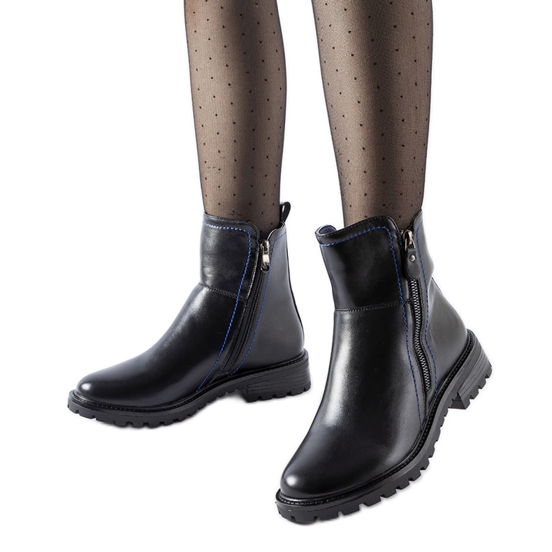 Black ankle boots with decorative blue Nereo thread