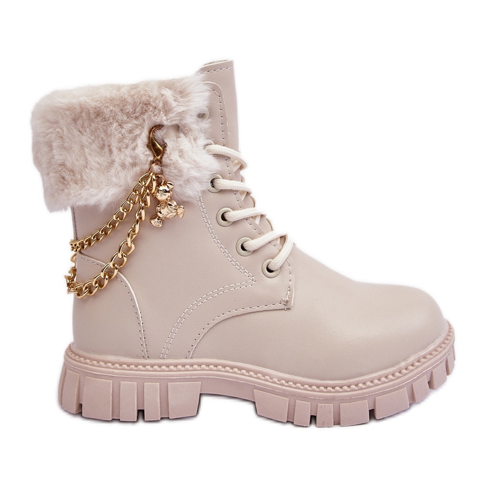 Leather warm children's ankle boots with a chain, Beige Cadia