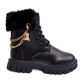Leather warm children's ankle boots with a chain, Black Cadia