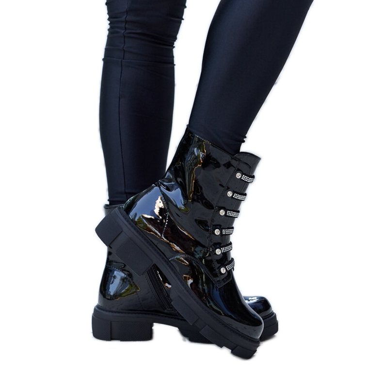 Black patent ankle boots with Sfaranda rhinestones