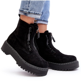 Suede Women's Trapper Ankle Boots On A Thick Sole With A Zipper, Black Edivame Suede Women's Trapper Ankle Boots On A Thick Sole With A Zipper, Black Edivame