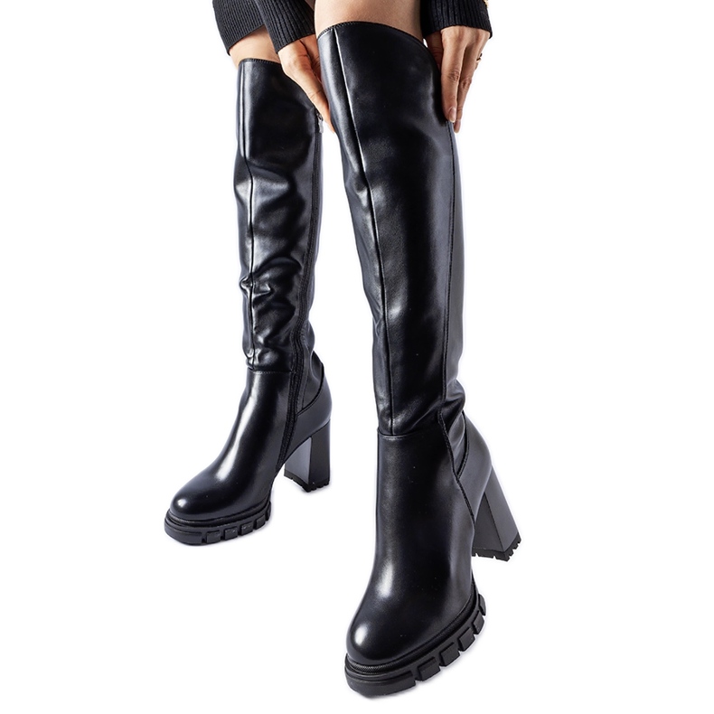 Black long, warm high-heeled boots