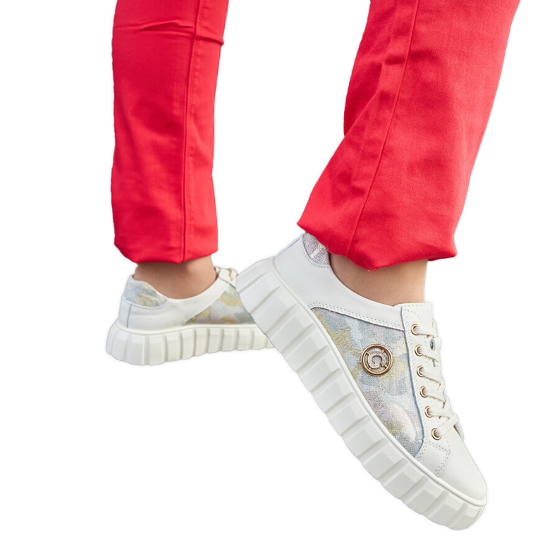 Beige leather sneakers with rhinestones