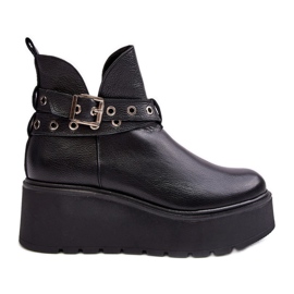 Leather Women's Boots On A Platform Wedge With Straps Zazoo 1752 Black