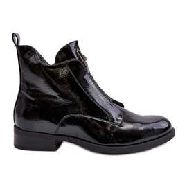 Patent Leather Women's Flat Heel Boots, Warm Black S.Barski HY75-120 Black Patent Leather Women's Flat Heel Boots, Warm Black S.Barski HY75-120 Black