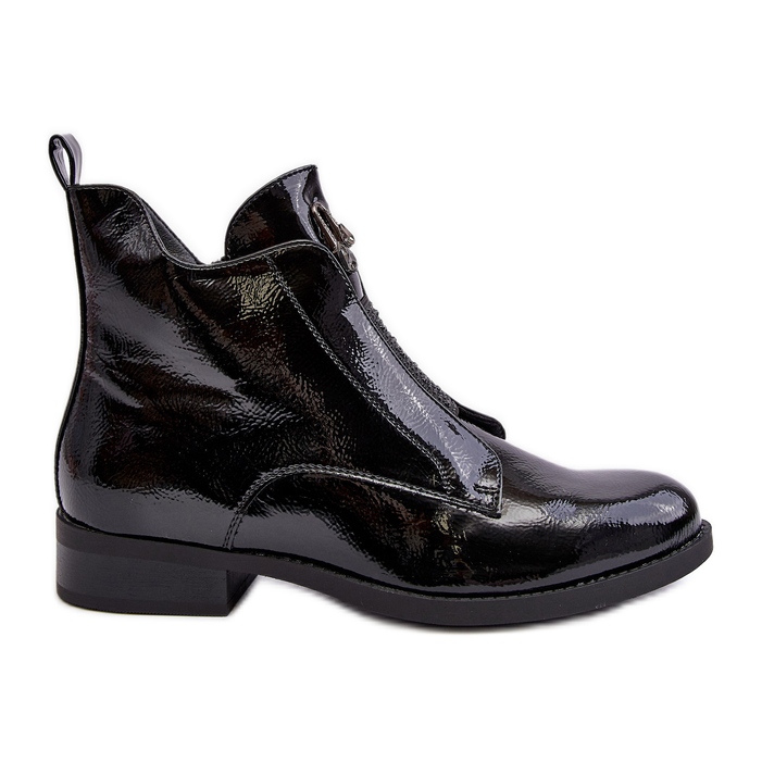 Patent Leather Women's Flat Heel Boots, Warm Black S.Barski HY75-120 Black Patent Leather Women's Flat Heel Boots, Warm Black S.Barski HY75-120 Black