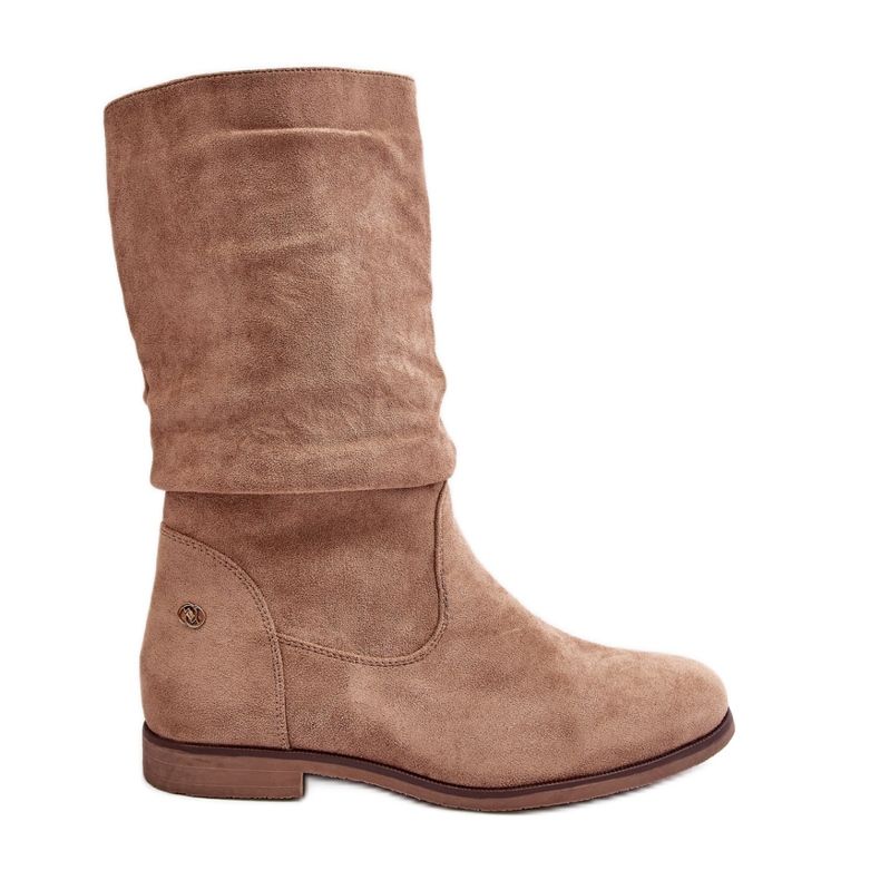 Beige Women's Boots On A Flat Heel With A Ruched Upper Kotine