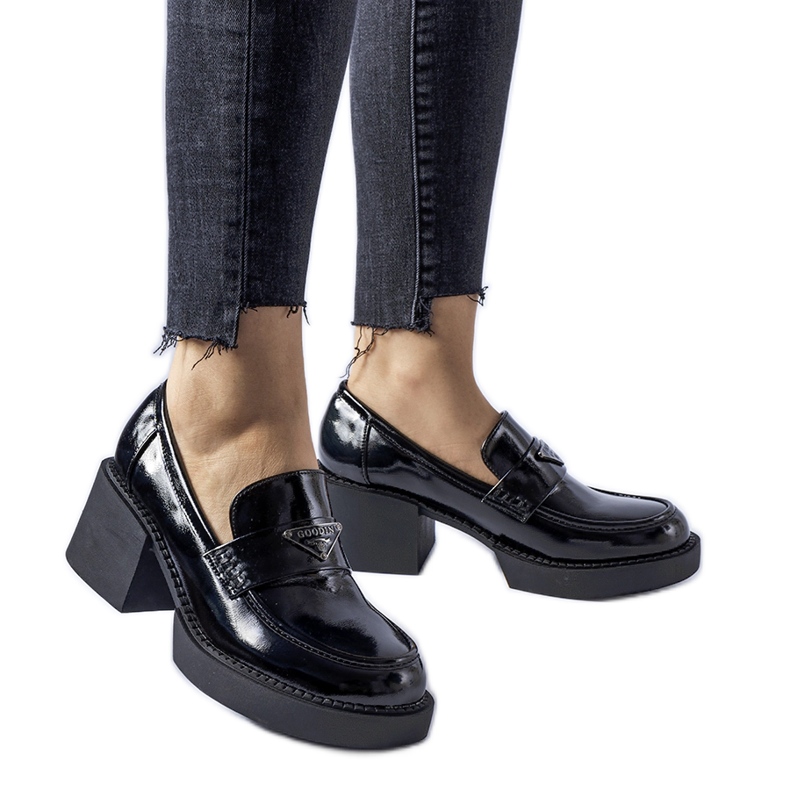 Black patent loafers with a Hobbs heel