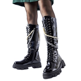 Black patent boots with Clarksburg pearls