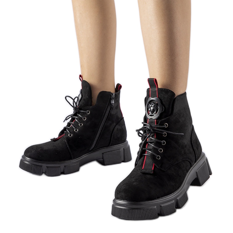 Black ankle boots decorated with red Monrency trim
