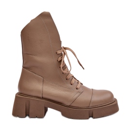 Women's Leather Worker Ankle Boots On A Massive Flat Heel Zazoo 976A Dark Beige