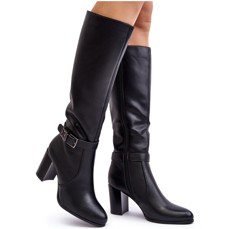 Sergio Leone Women's High Heel Boots With a Buckle, Warm Black Sendilia