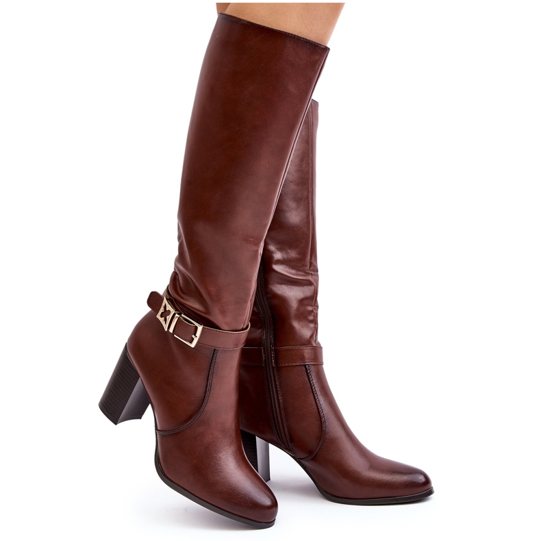 Sergio Leone Women's High Heel Boots With a Buckle, Warm Brown Sendilia