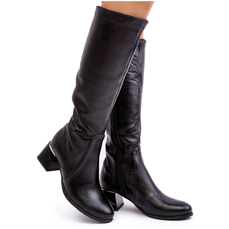 Lemar Black Leather Low Heel Boots Above the Knee by Cersaina