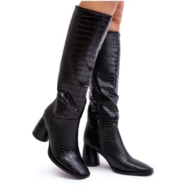 Women's Knee High Heel Boots, Snake Pattern, Black Ceriona Women's Knee High Heel Boots, Snake Pattern, Black Ceriona