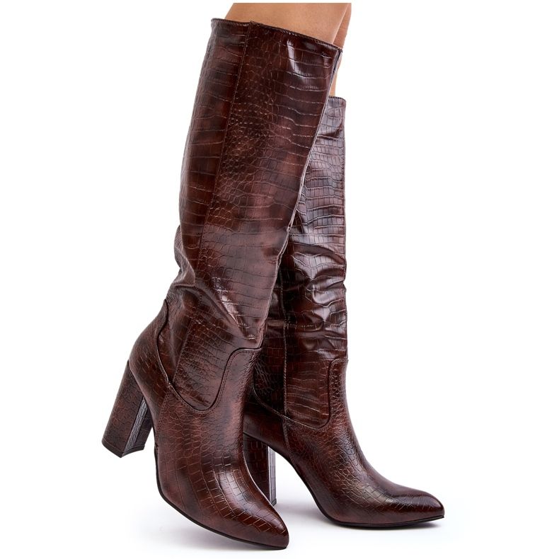 Women's High Heel Boots, Warm, Snake Pattern, Brown Delul