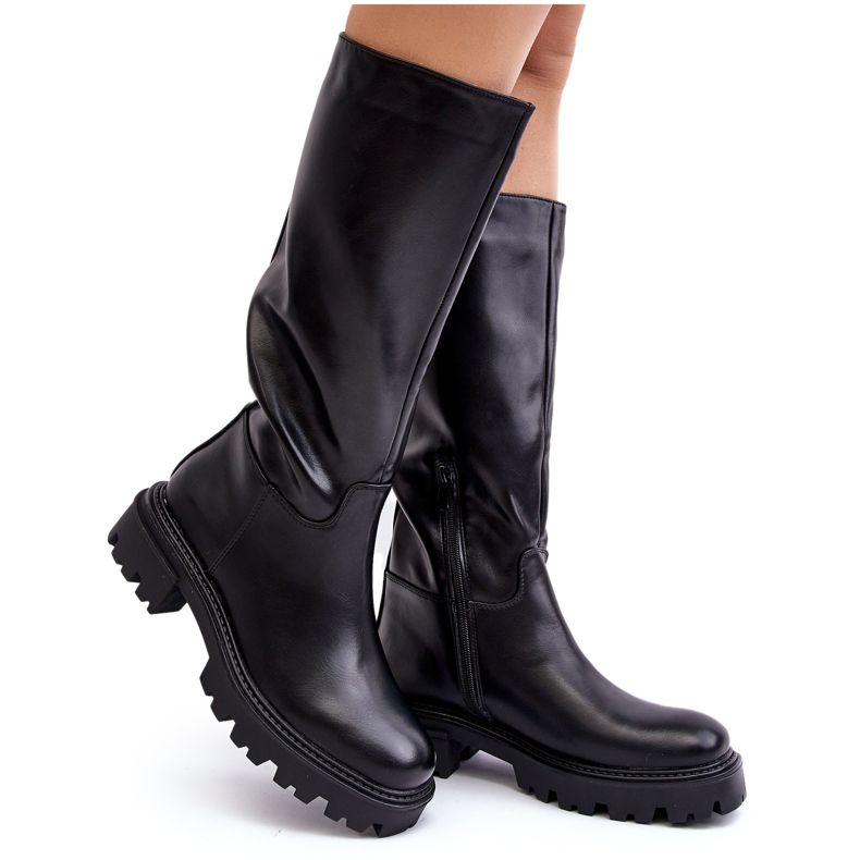 Mid-Calf Flat Slip-On Boots, Black Eamantha Mid-Calf Flat Slip-On Boots, Black Eamantha