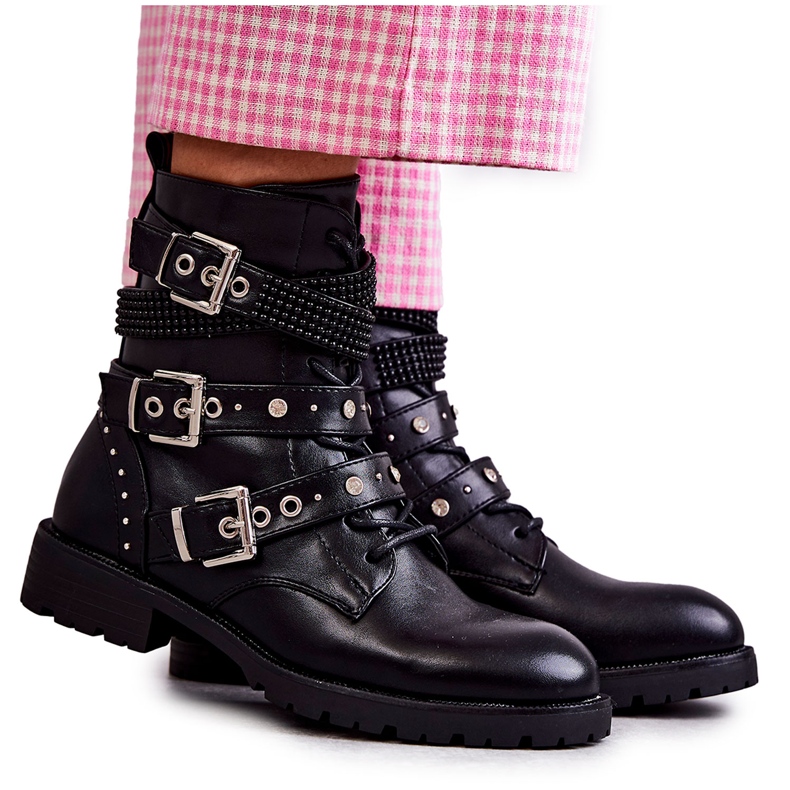 Women's Leather Ankle Boots With Decorative Straps Black