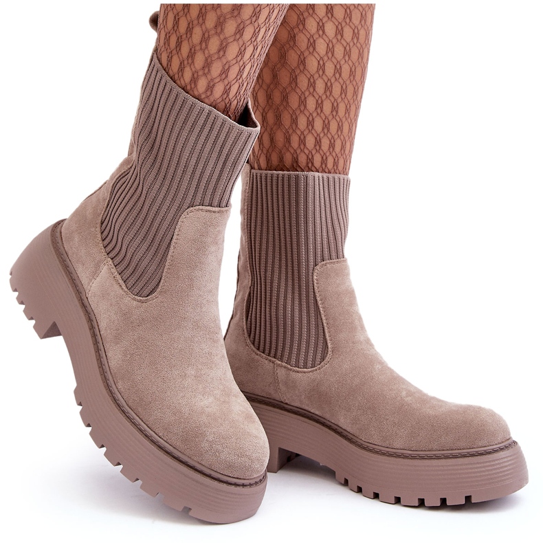 Seastar Dark beige suede ankle boots with a sock on a platform and a flat heel