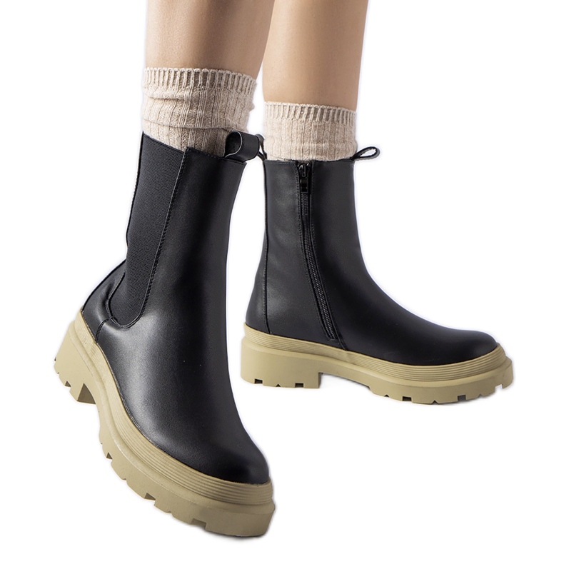 Black Georgette boots with an olive sole Black Georgette boots with an olive sole