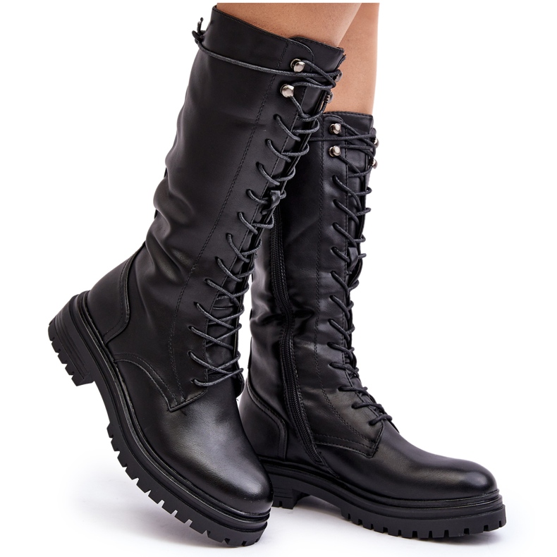 Women's Mid-Calf Lace-Up Boots, Black Elavettsa Women's Mid-Calf Lace-Up Boots, Black Elavettsa