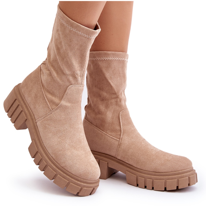 Beige Divella Workers Slip-On Flat Heel Boots