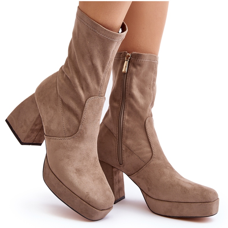 Women's Ankle Boots With Chunky Heels and Platform, Dark Beige Adelles
