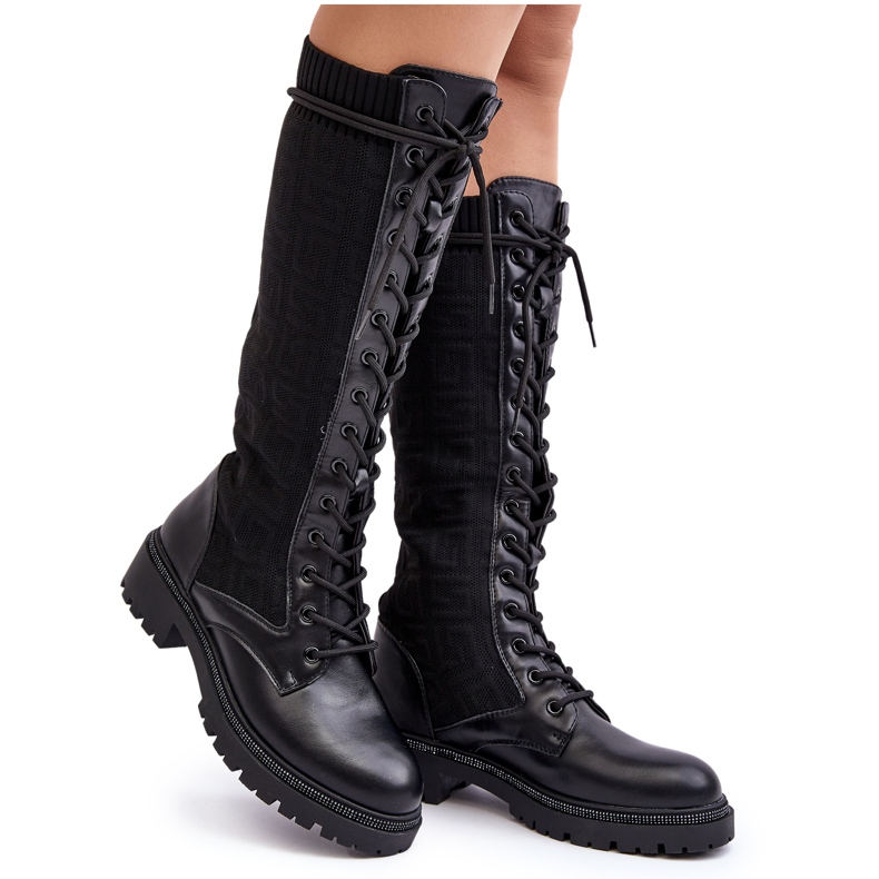 Women's Lace-up Boots With Elastic Upper Black Virxinia Women's Lace-up Boots With Elastic Upper Black Virxinia