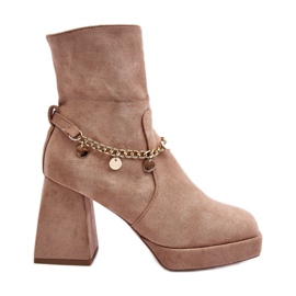 Women's High Heel Ankle Boots With a Chain, Beige Tiselo