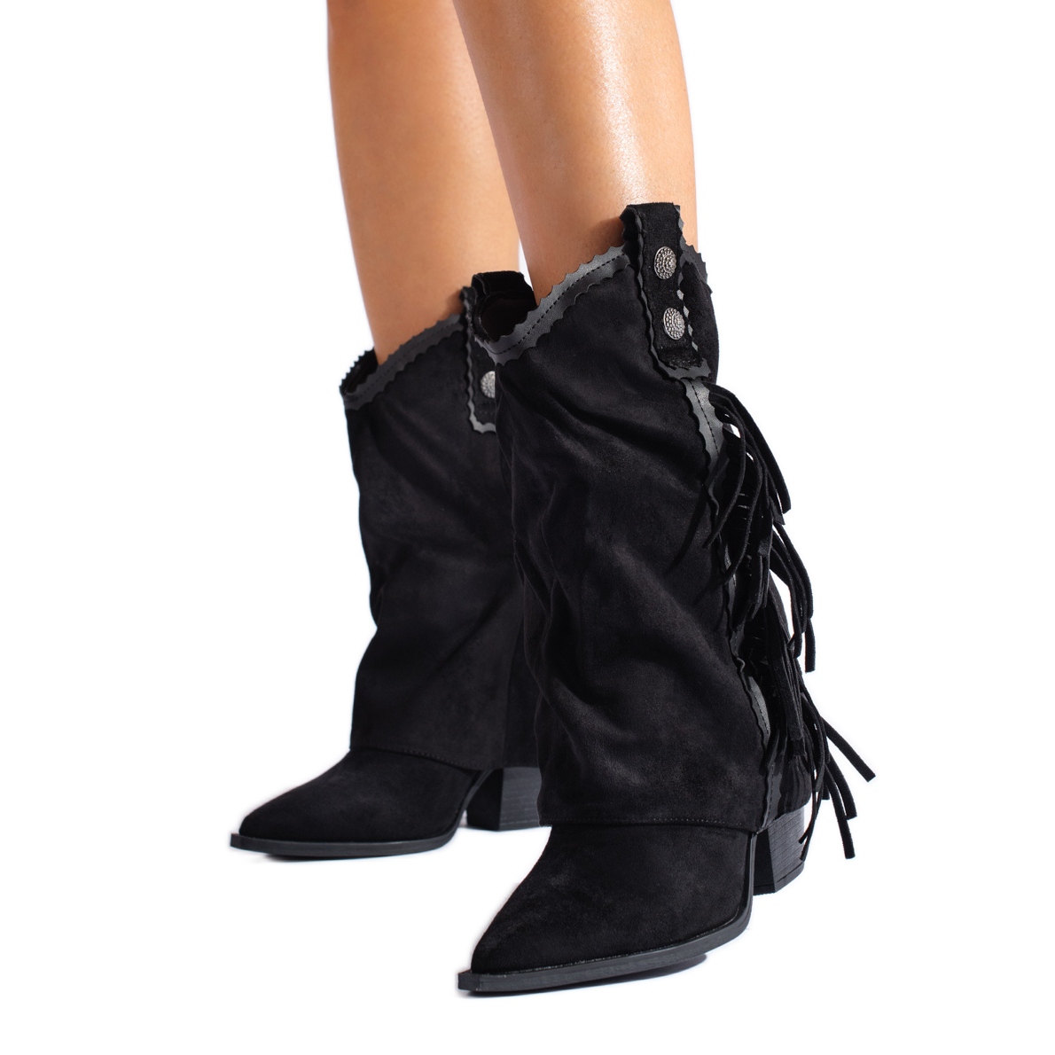 Shelovet Women s Black Suede Fringed Cowboy Boots
