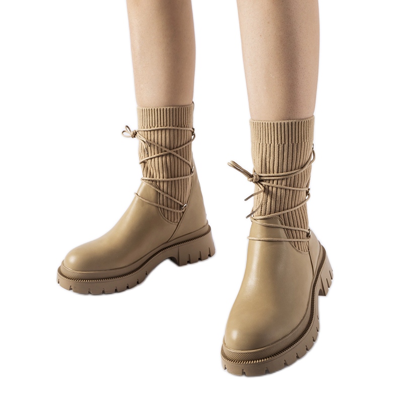 Beige sock ankle boots with ties by Eliot