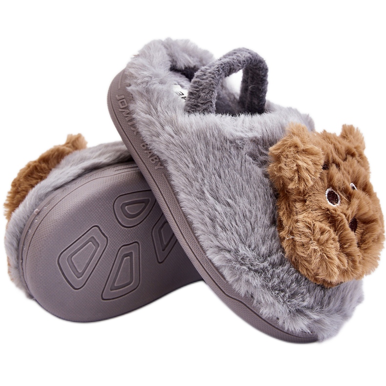 Children's fur slippers with a teddy bear, Gray Dicera grey