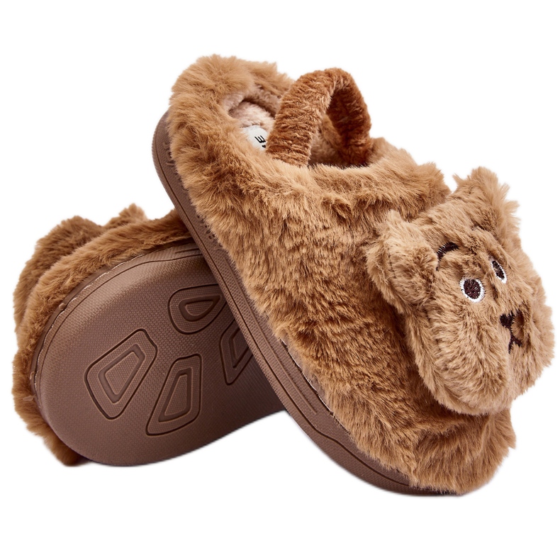Children's fur slippers with a teddy bear, brown Dicera