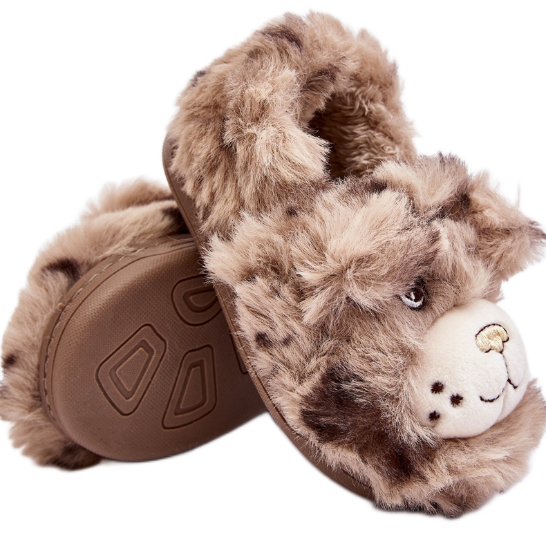 Fur children's slippers with a teddy bear, dark beige Apolanie